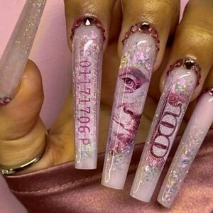Pink Money 💰 Glitter Long Acrylic Press-on Nails